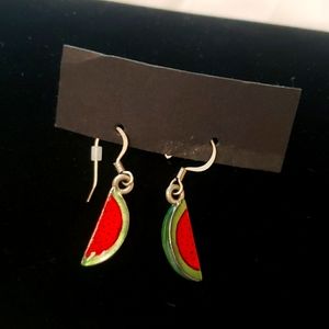 Watermelon Charm Earrings Fishhook Red Green Black Silver NWOT